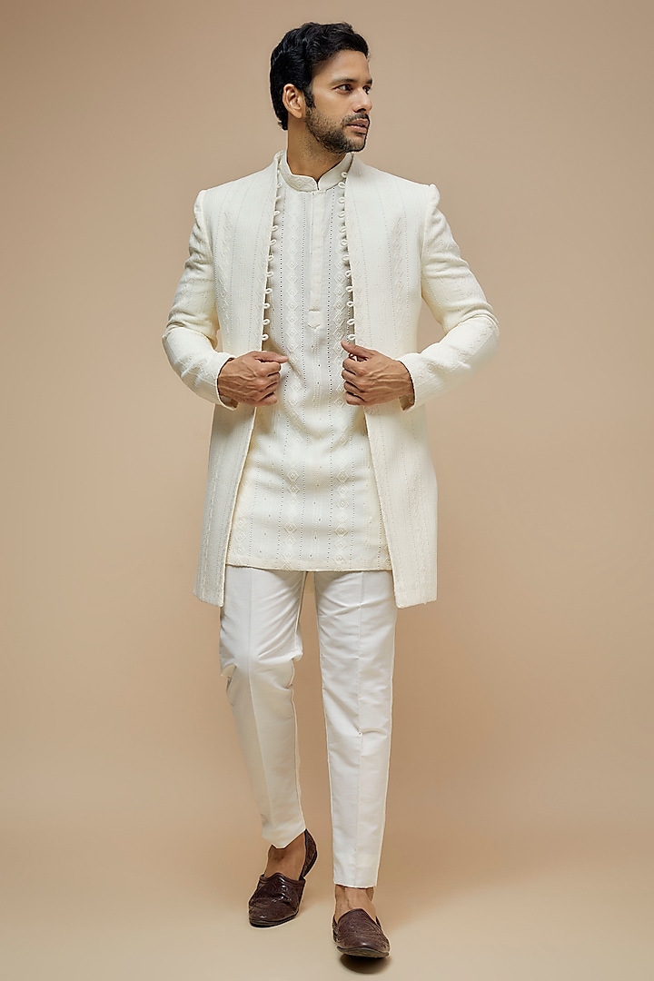 Cream Crochet & Cotton Textured Indo-Western Set by PARV DESIGN STUDIO