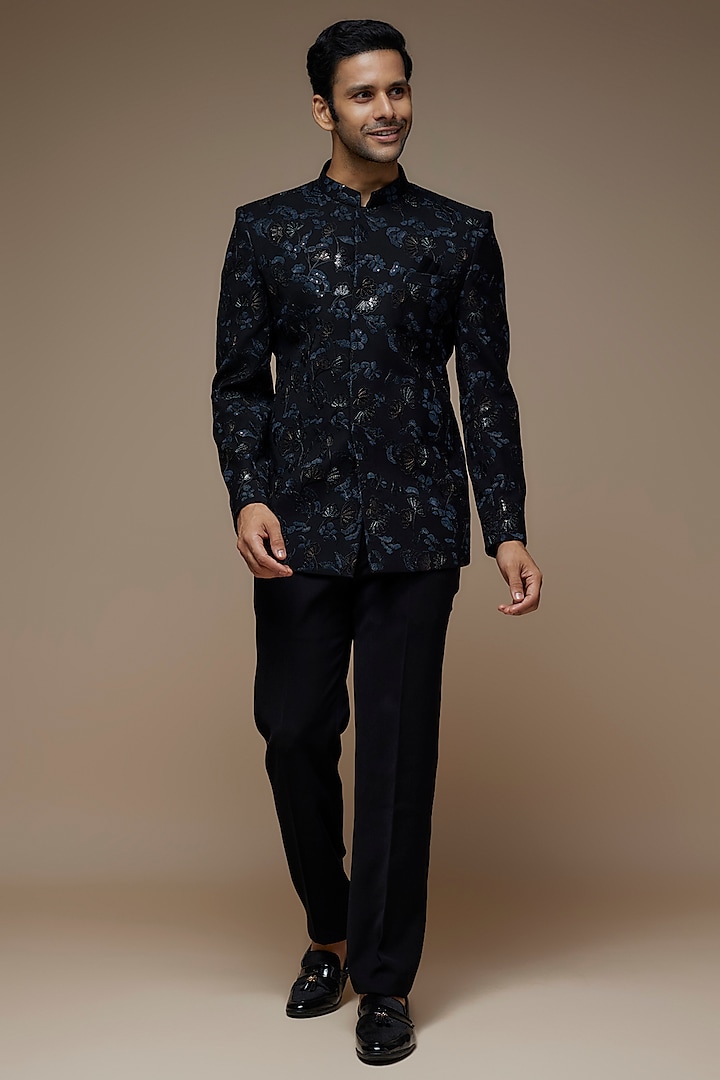 Black Indonesian Polyester Machine Embroidered Bandhgala Set by PARV DESIGN STUDIO at Pernia's Pop Up Shop