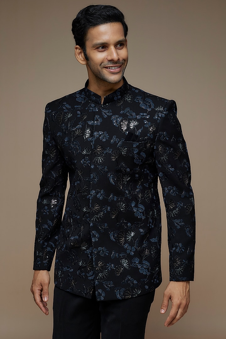 Black Indonesian Polyester Machine Embroidered Wedding Bandhgala Set by PARV DESIGN STUDIO at Pernia's Pop Up Shop