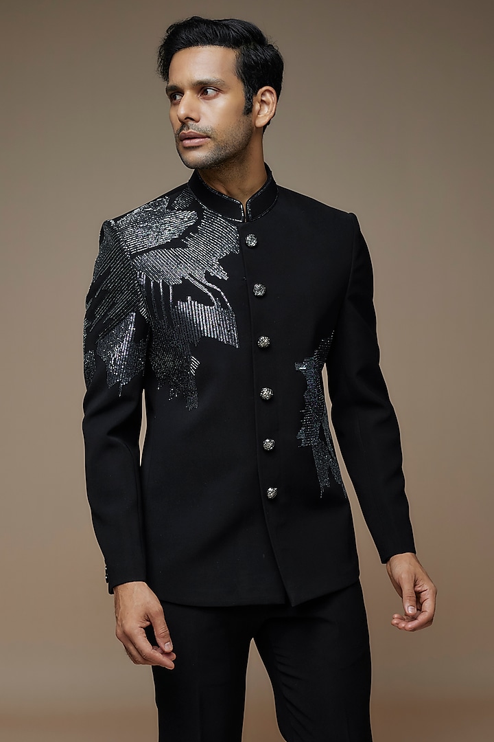 Jet Black Imported Poly Viscose Blend Sequins Embroidered Wedding Bandhgala Set by PARV DESIGN STUDIO at Pernia's Pop Up Shop