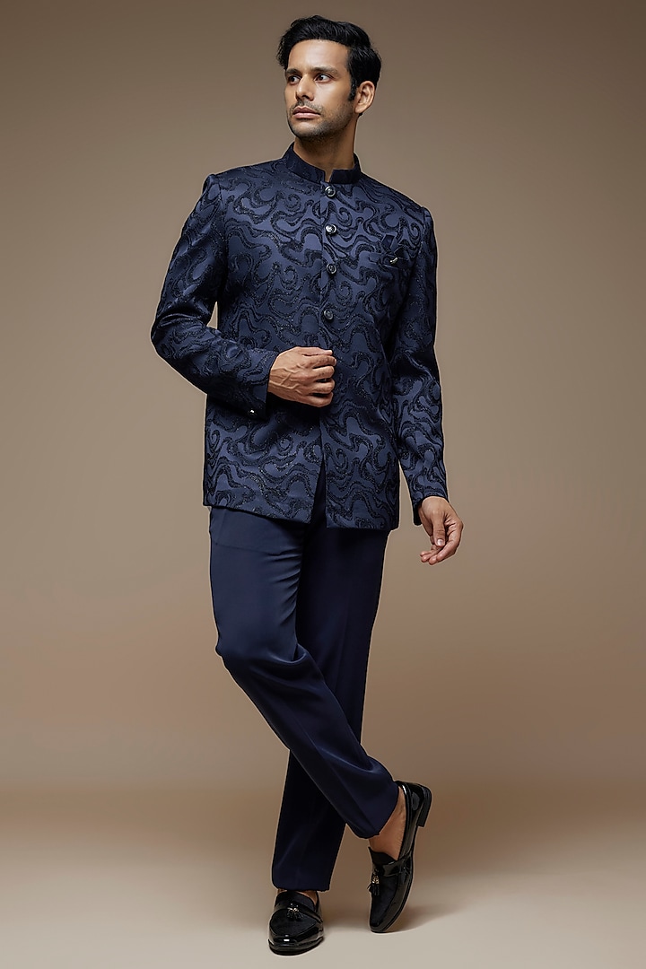 Navy Blue Crepe Polyester Jacquard Zari Embroidered Bandhgala Set by PARV DESIGN STUDIO at Pernia's Pop Up Shop