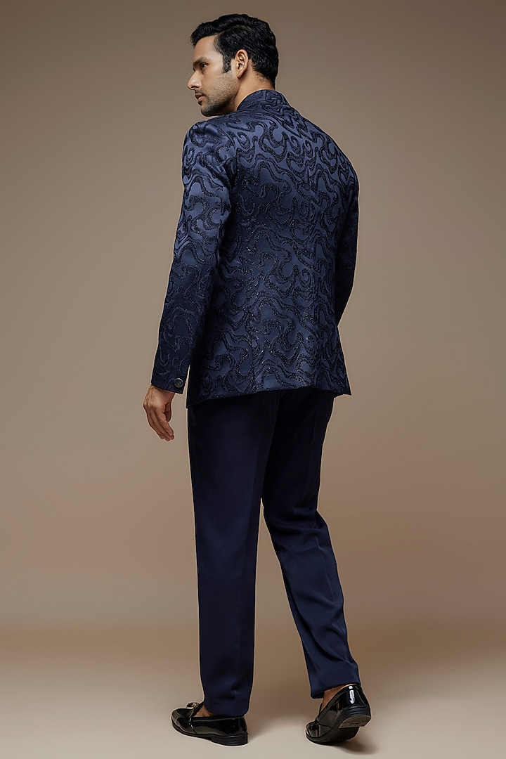 Navy Blue Crepe Polyester Jacquard Zari Embroidered Bandhgala Set by PARV DESIGN STUDIO at Pernia's Pop Up Shop