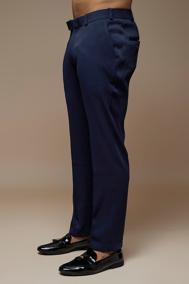 Navy Blue Crepe Polyester Jacquard Zari Embroidered Bandhgala Set by PARV DESIGN STUDIO at Pernia's Pop Up Shop