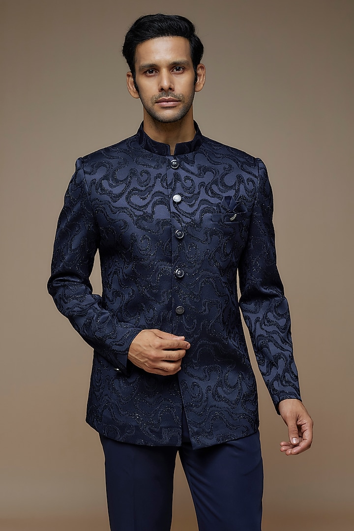 Navy Blue Crepe Polyester Jacquard Zari Embroidered Bandhgala Set by PARV DESIGN STUDIO at Pernia's Pop Up Shop