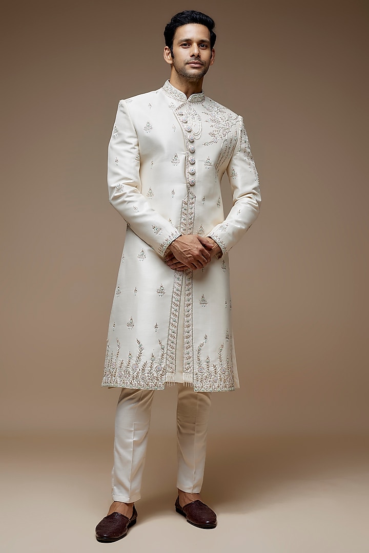 Light Beige Raw Silk Zardosi Embroidered Wedding Sherwani Set by PARV DESIGN STUDIO at Pernia's Pop Up Shop