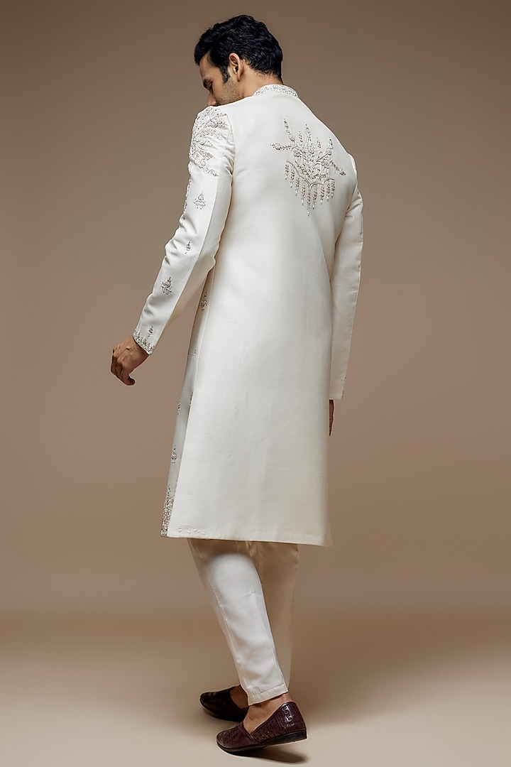 Light Beige Raw Silk Zardosi Embroidered Wedding Sherwani Set by PARV DESIGN STUDIO at Pernia's Pop Up Shop