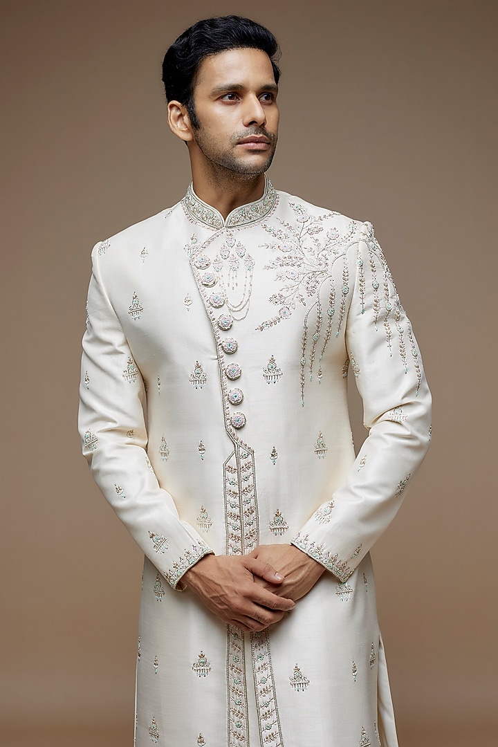 Light Beige Raw Silk Zardosi Embroidered Wedding Sherwani Set by PARV DESIGN STUDIO at Pernia's Pop Up Shop