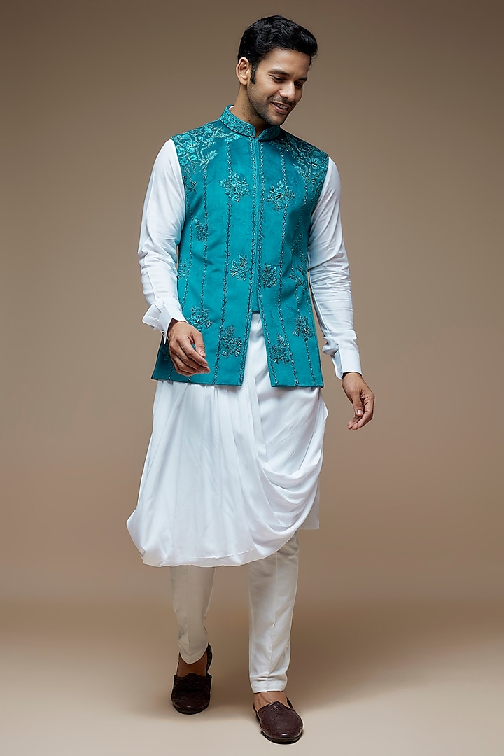 Teal Velvet Resham Embroidered Bundi Jacket Set by PARV DESIGN STUDIO at Pernia's Pop Up Shop