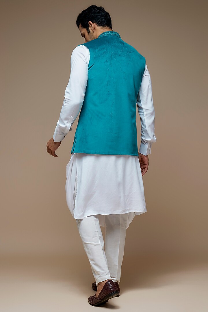 Teal Velvet Resham Embroidered Bundi Jacket Set by PARV DESIGN STUDIO at Pernia's Pop Up Shop
