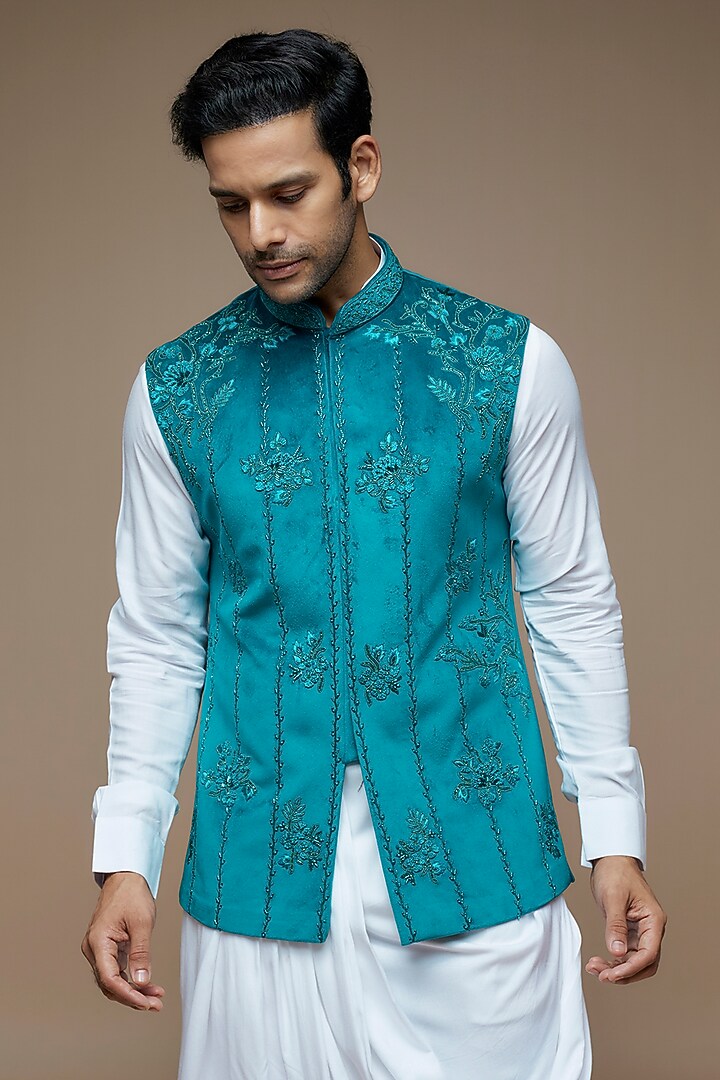 Teal Velvet Resham Embroidered Bundi Jacket Set by PARV DESIGN STUDIO at Pernia's Pop Up Shop