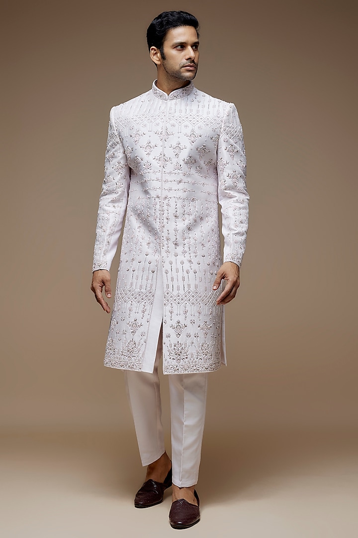 Blush Lilac Raw Silk Resham Embroidered Wedding Sherwani Set by PARV DESIGN STUDIO at Pernia's Pop Up Shop