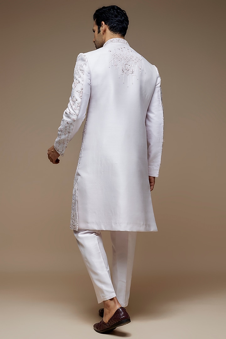 Blush Lilac Raw Silk Resham Embroidered Wedding Sherwani Set by PARV DESIGN STUDIO at Pernia's Pop Up Shop