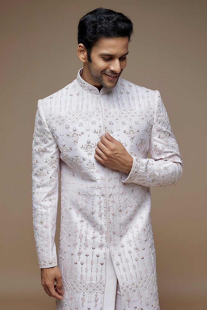 Blush Lilac Raw Silk Resham Embroidered Wedding Sherwani Set by PARV DESIGN STUDIO at Pernia's Pop Up Shop