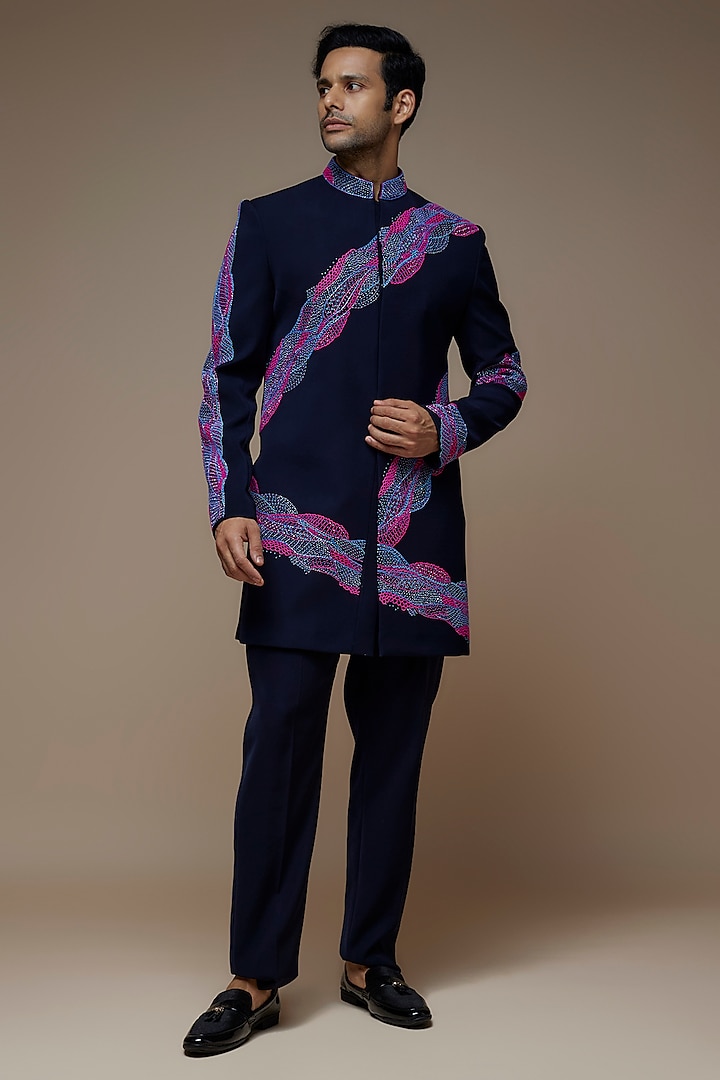 Deep Navy Blue Imported Viscose Polyester Resham Embroidered Indowestern Set by PARV DESIGN STUDIO at Pernia's Pop Up Shop