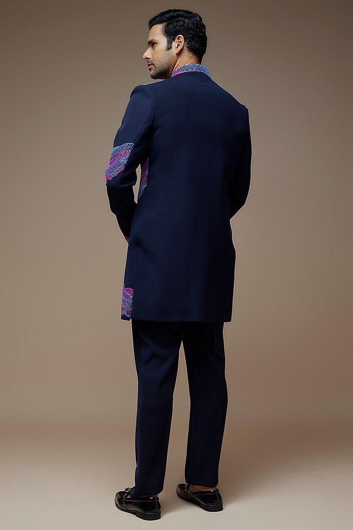 Deep Navy Blue Imported Viscose Polyester Resham Embroidered Wedding Indowestern Set by PARV DESIGN STUDIO at Pernia's Pop Up Shop