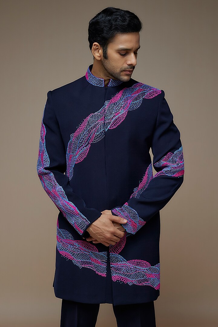 Deep Navy Blue Imported Viscose Polyester Resham Embroidered Wedding Indowestern Set by PARV DESIGN STUDIO at Pernia's Pop Up Shop