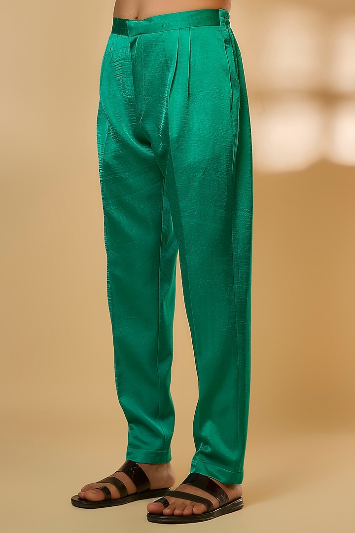 Green Linen Satin Silk Zari & Mirror Embroidered Kurta Set by PARV DESIGN STUDIO at Pernia's Pop Up Shop