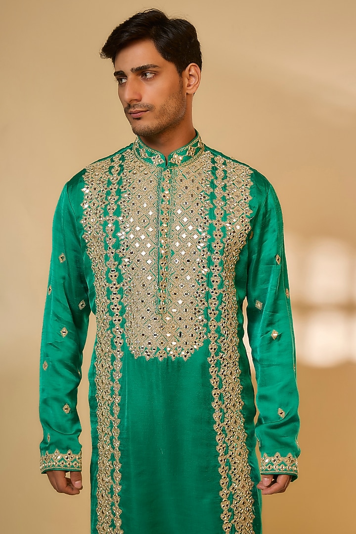 Green Linen Satin Silk Zari & Mirror Embroidered Kurta Set by PARV DESIGN STUDIO at Pernia's Pop Up Shop