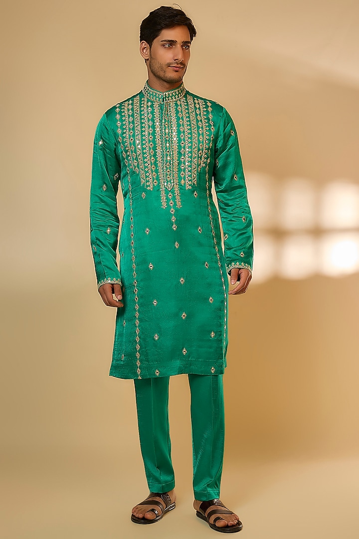 Green Linen Satin Silk Zari & Mirror Embroidered Kurta Set by PARV DESIGN STUDIO