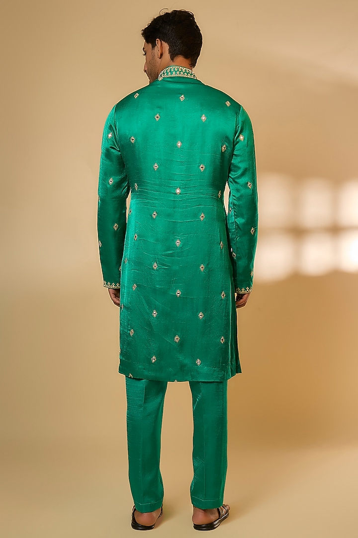 Green Linen Satin Silk Zari & Mirror Embroidered Kurta Set by PARV DESIGN STUDIO at Pernia's Pop Up Shop