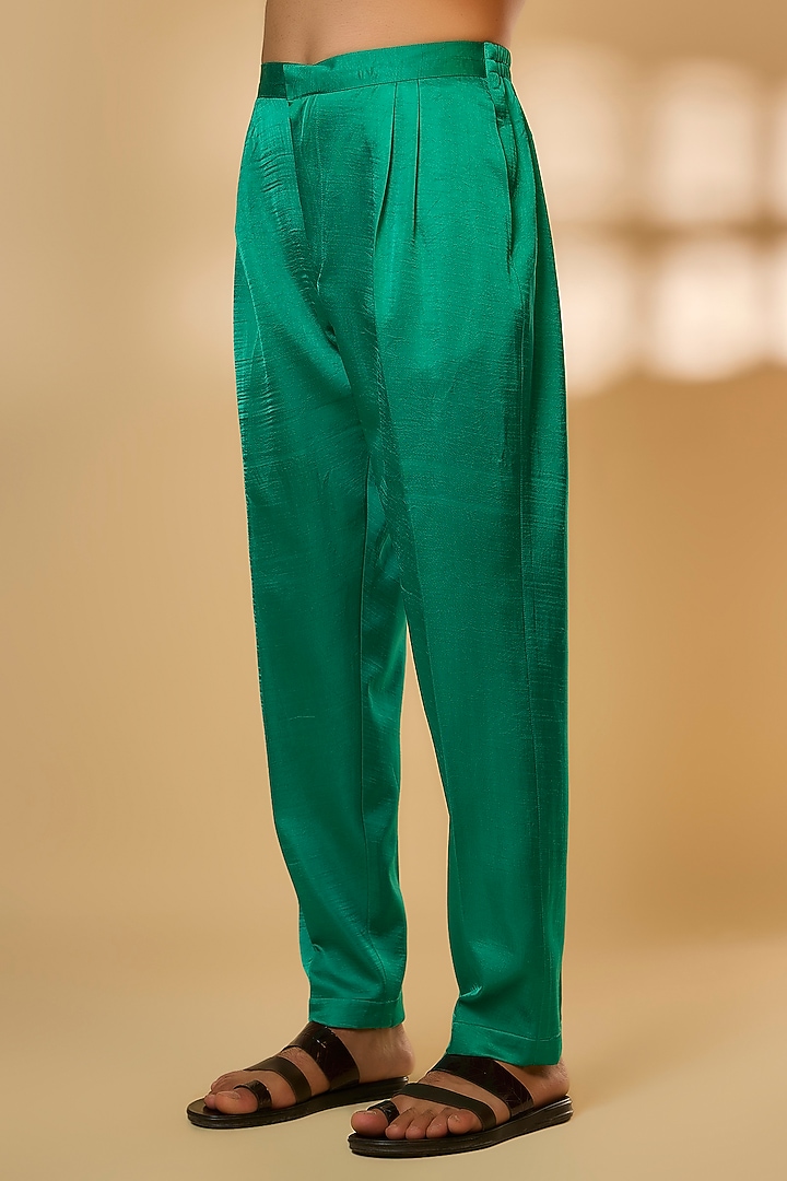 Green Linen Satin Silk Zari & Mirror Embroidered Kurta Set by PARV DESIGN STUDIO at Pernia's Pop Up Shop