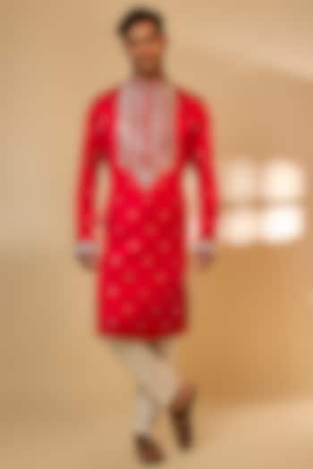 Hot Pink Linen Satin Silk Zari & Mirror Embroidered Kurta Set by PARV DESIGN STUDIO