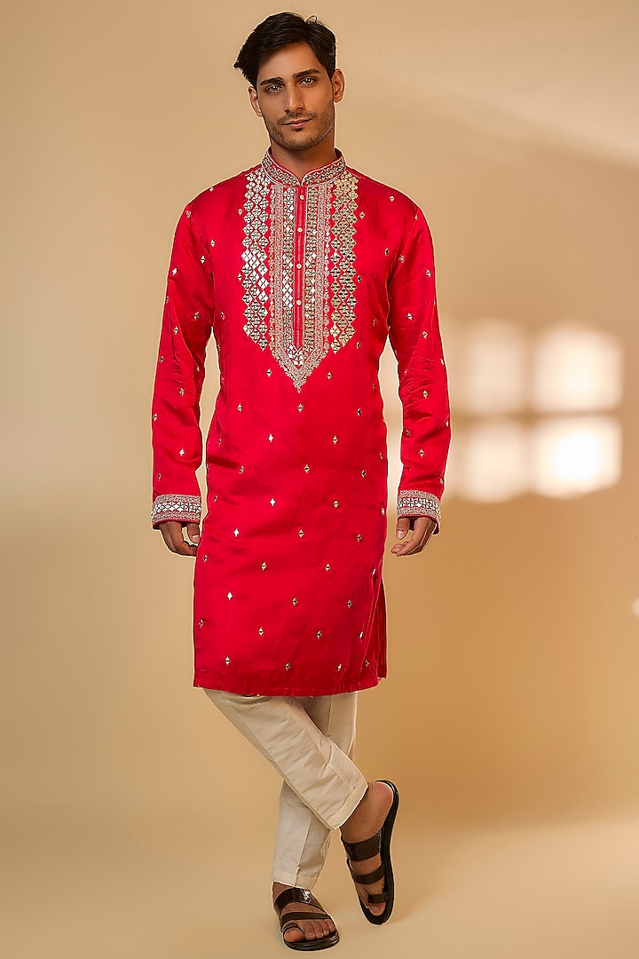 Hot Pink Linen Satin Silk Zari & Mirror Embroidered Kurta Set by PARV DESIGN STUDIO