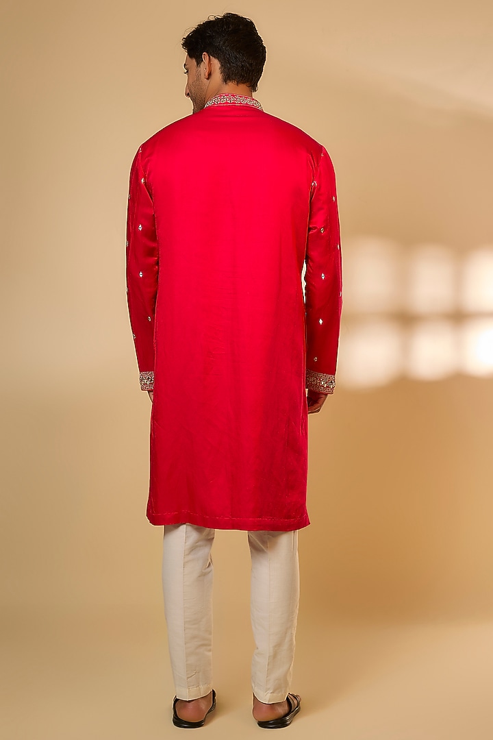 Hot Pink Linen Satin Silk Zari & Mirror Embroidered Kurta Set by PARV DESIGN STUDIO at Pernia's Pop Up Shop