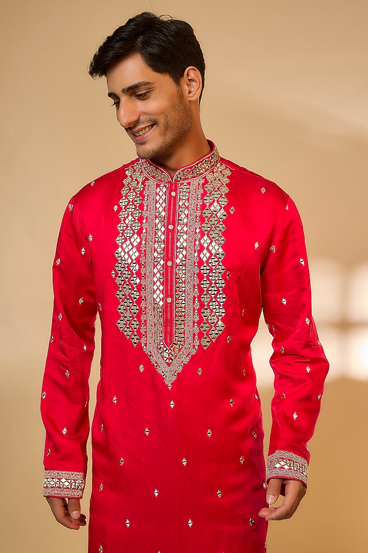 Hot Pink Linen Satin Silk Zari & Mirror Embroidered Kurta Set by PARV DESIGN STUDIO at Pernia's Pop Up Shop