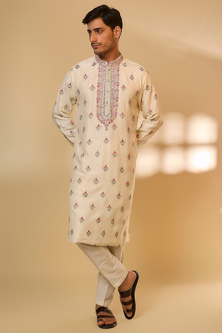 Cream Linen Satin Silk Resham Embroidered Kurta Set by PARV DESIGN STUDIO at Pernia's Pop Up Shop