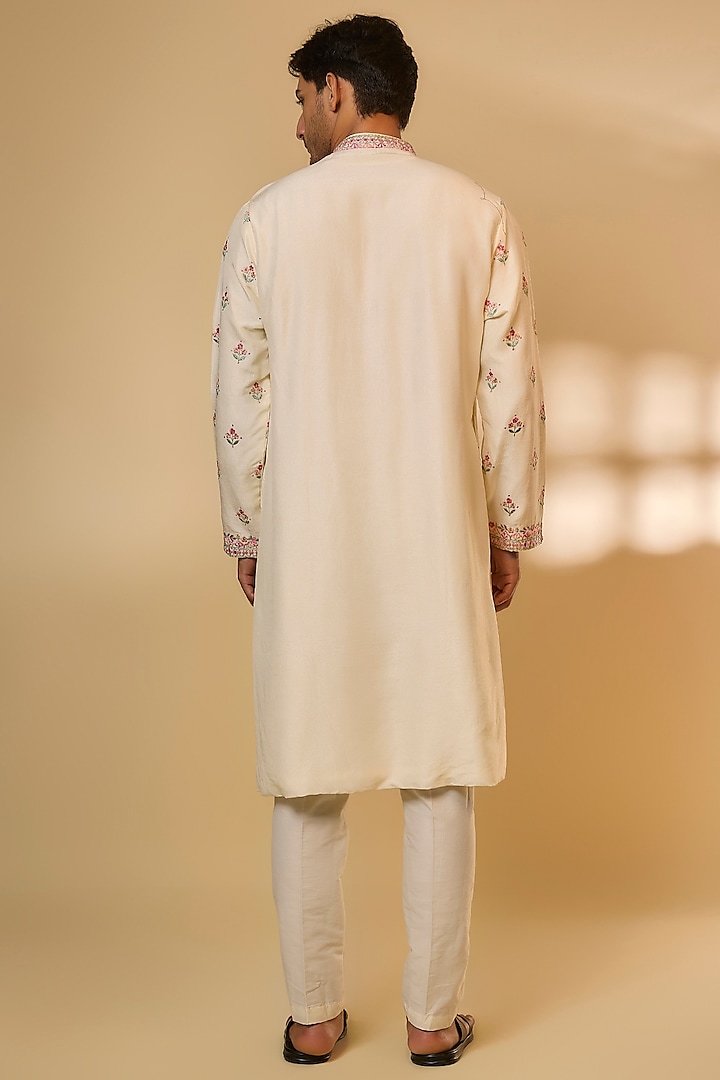 Cream Linen Satin Silk Resham Embroidered Kurta Set by PARV DESIGN STUDIO at Pernia's Pop Up Shop