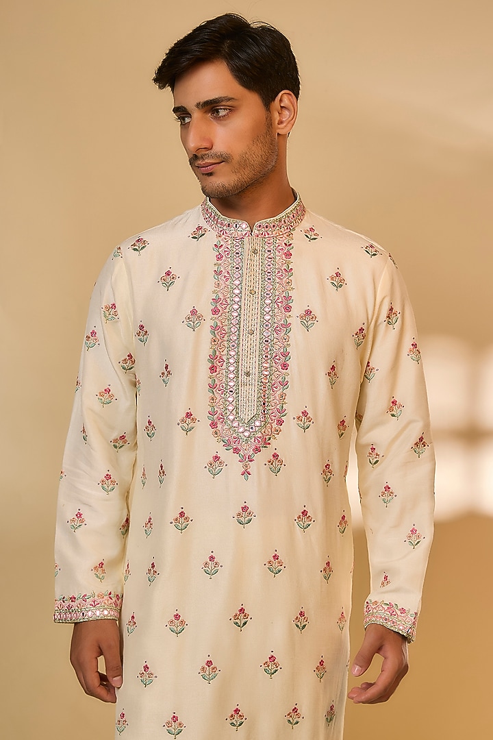Cream Linen Satin Silk Resham Embroidered Kurta Set by PARV DESIGN STUDIO at Pernia's Pop Up Shop