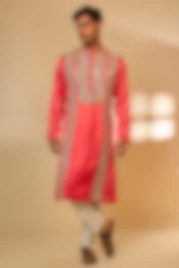 Pink Linen Satin Silk Zari Embroidered Kurta Set by PARV DESIGN STUDIO