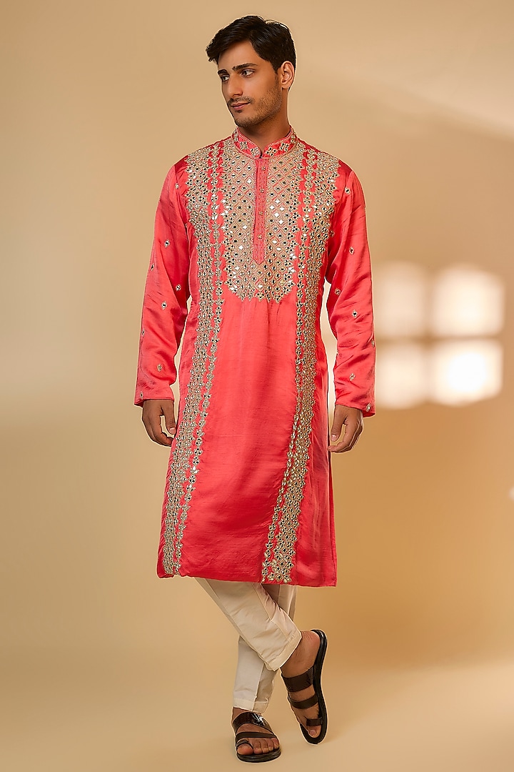 Pink Linen Satin Silk Zari Embroidered Kurta Set by PARV DESIGN STUDIO