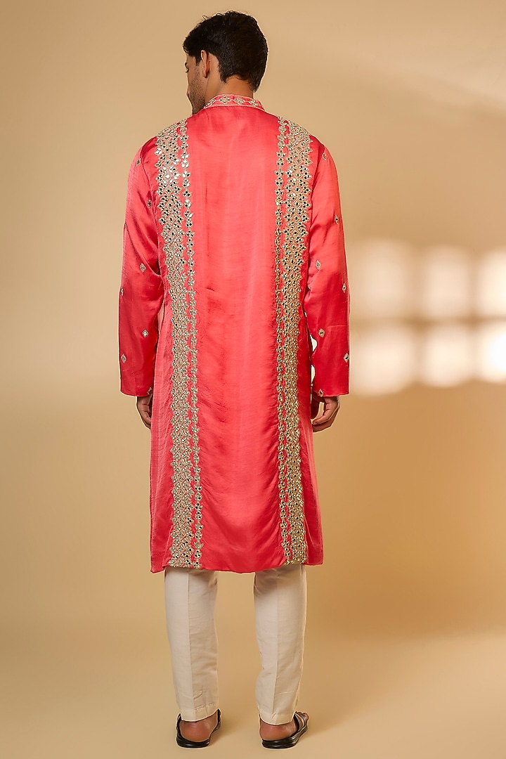Pink Linen Satin Silk Zari Embroidered Kurta Set by PARV DESIGN STUDIO at Pernia's Pop Up Shop