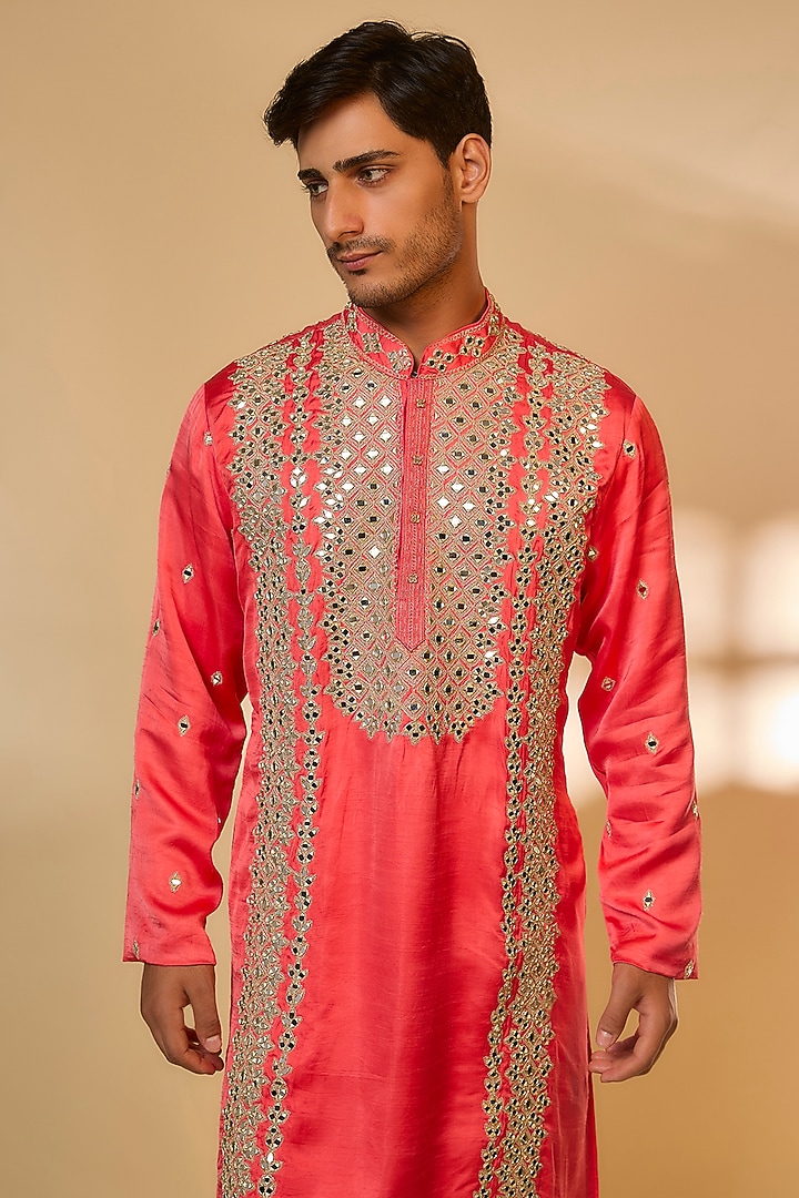 Pink Linen Satin Silk Zari Embroidered Kurta Set by PARV DESIGN STUDIO at Pernia's Pop Up Shop