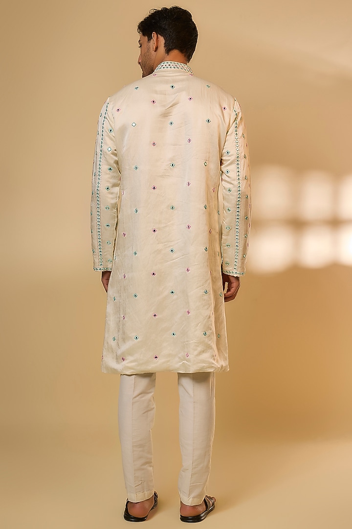 Cream Linen Satin Silk Zari Embroidered Kurta Set by PARV DESIGN STUDIO at Pernia's Pop Up Shop