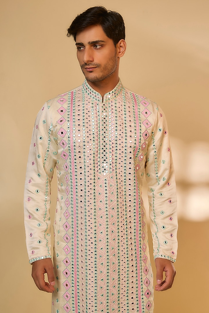 Cream Linen Satin Silk Zari Embroidered Kurta Set by PARV DESIGN STUDIO at Pernia's Pop Up Shop
