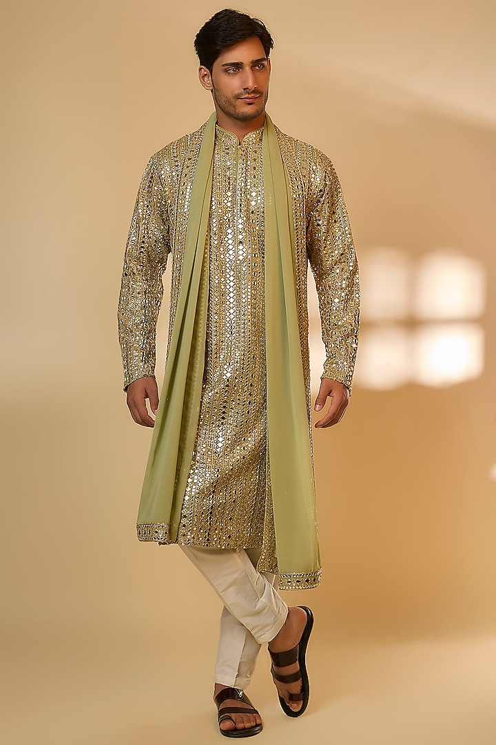 Pistachio Georgette Zari Embroidered Kurta Set by PARV DESIGN STUDIO