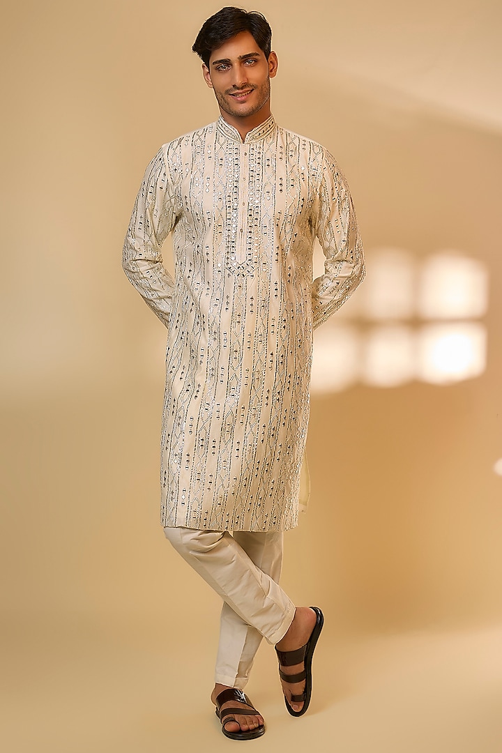Cream Linen Satin Silk Zari Embroidered Kurta Set by PARV DESIGN STUDIO