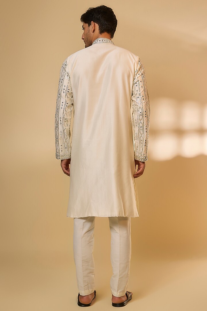Cream Linen Satin Silk Zari Embroidered Kurta Set by PARV DESIGN STUDIO at Pernia's Pop Up Shop