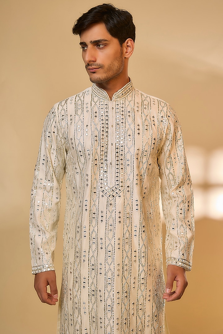 Cream Linen Satin Silk Zari Embroidered Kurta Set by PARV DESIGN STUDIO at Pernia's Pop Up Shop