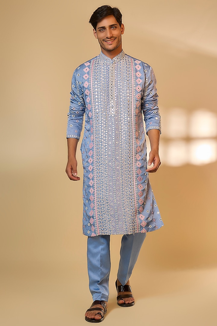 Greyish Blue Linen Satin Silk Resham Embroidered Kurta Set by PARV DESIGN STUDIO