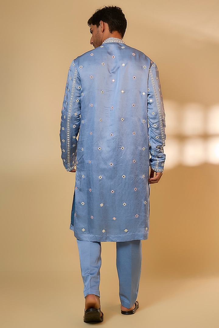 Greyish Blue Linen Satin Silk Resham Embroidered Kurta Set by PARV DESIGN STUDIO at Pernia's Pop Up Shop