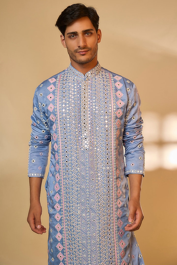 Greyish Blue Linen Satin Silk Resham Embroidered Kurta Set by PARV DESIGN STUDIO at Pernia's Pop Up Shop