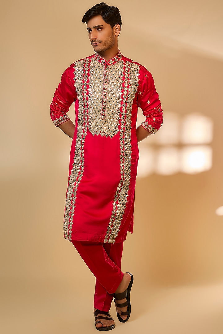 Rani Pink Linen Satin Silk Mirror Embroidered Kurta Set by PARV DESIGN STUDIO