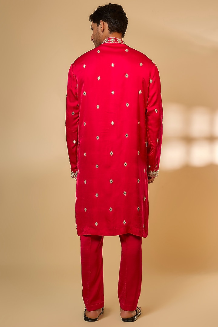Rani Pink Linen Satin Silk Mirror Embroidered Kurta Set by PARV DESIGN STUDIO at Pernia's Pop Up Shop
