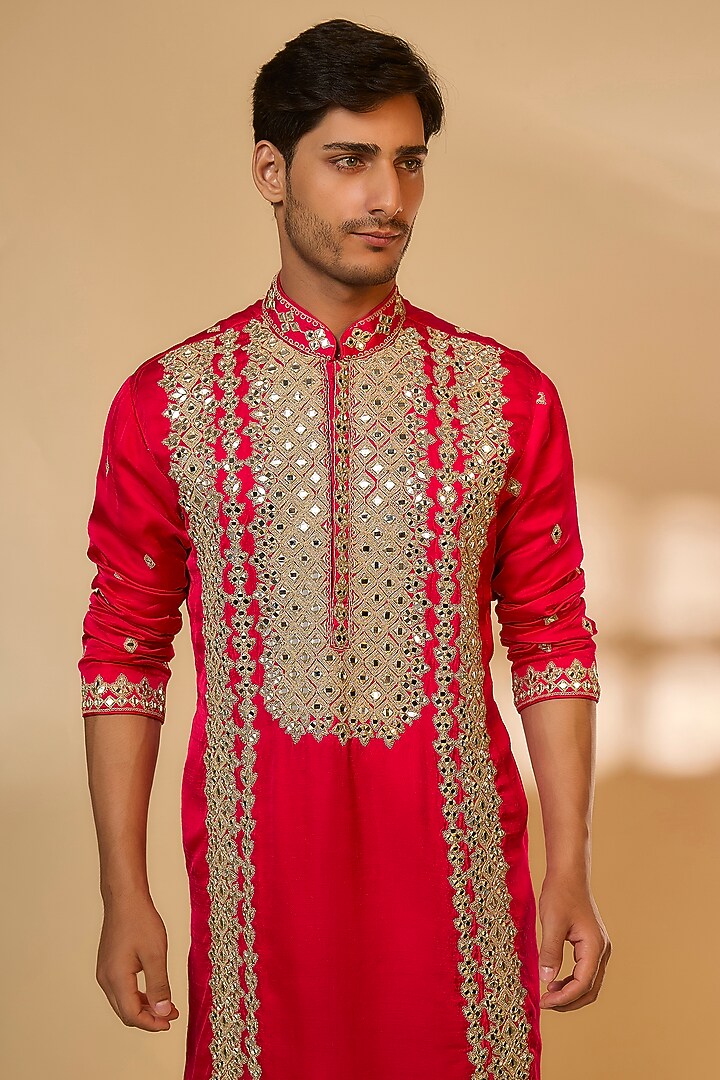 Rani Pink Linen Satin Silk Mirror Embroidered Kurta Set by PARV DESIGN STUDIO at Pernia's Pop Up Shop