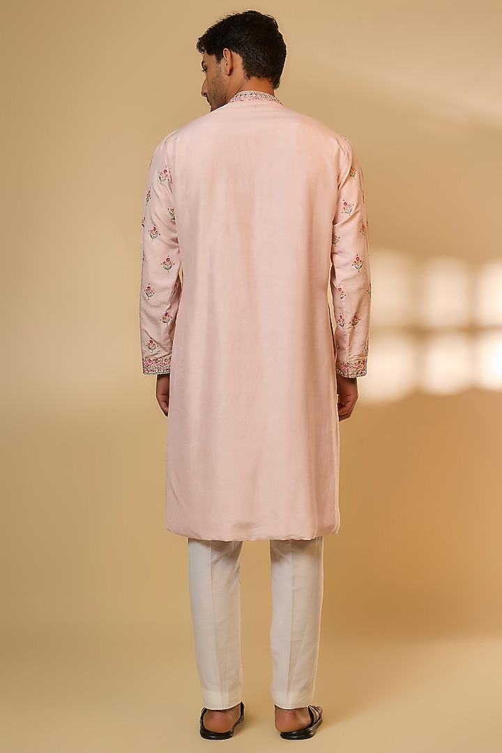 Blush Pink Linen Satin Silk Resham Embroidered Kurta Set by PARV DESIGN STUDIO at Pernia's Pop Up Shop