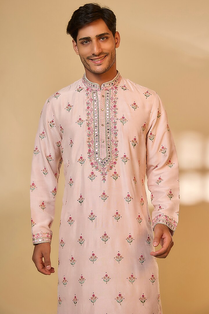 Blush Pink Linen Satin Silk Resham Embroidered Kurta Set by PARV DESIGN STUDIO at Pernia's Pop Up Shop